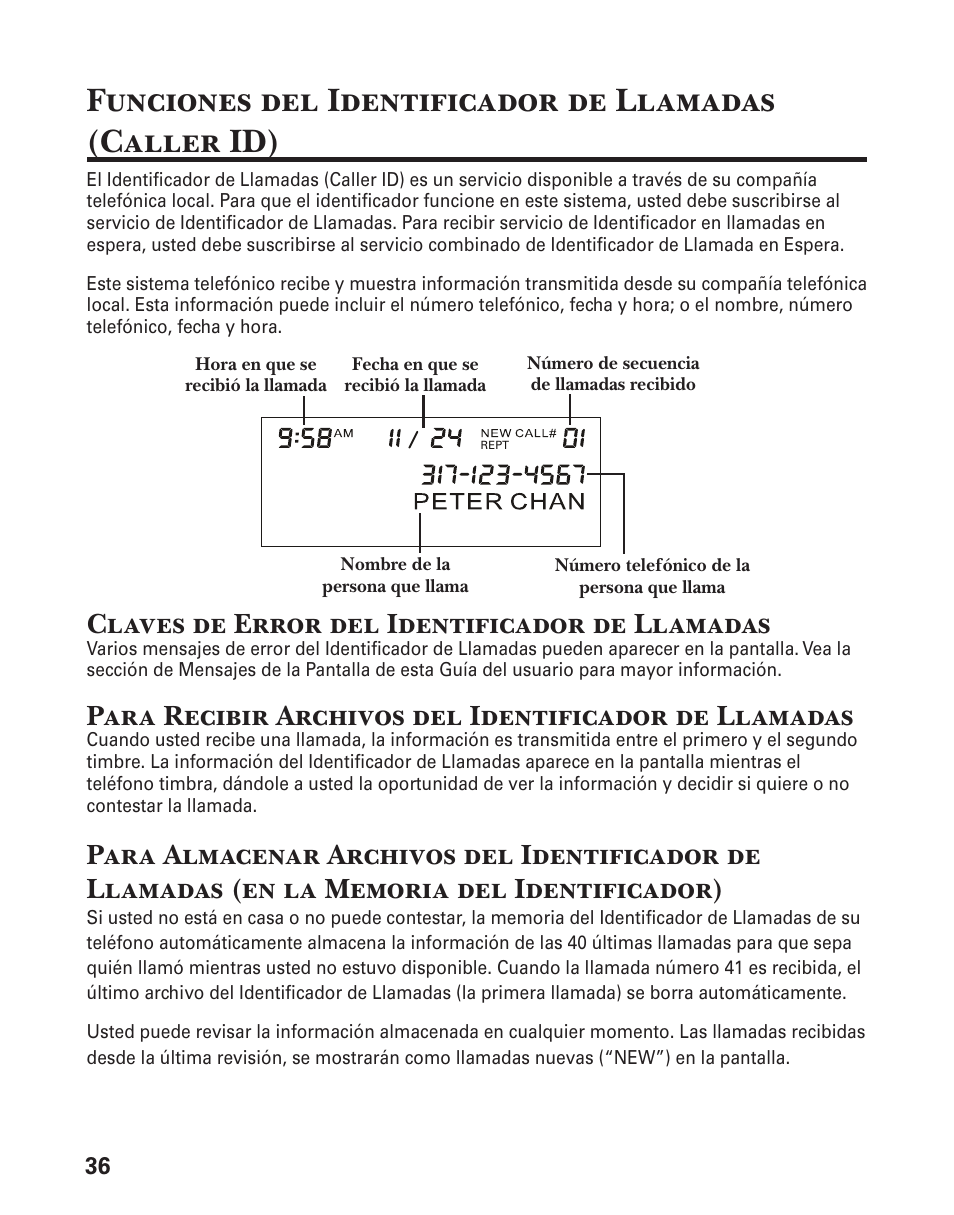 Claves de error del identificador de llamadas | GE 25833 User Manual | Page 88 / 104