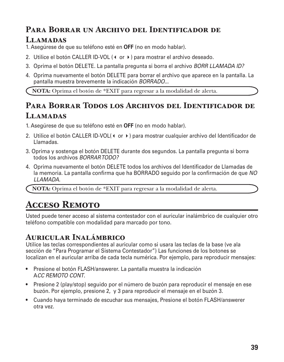 Acceso remoto, Auricular inalámbrico | GE 25833 User Manual | Page 91 / 104