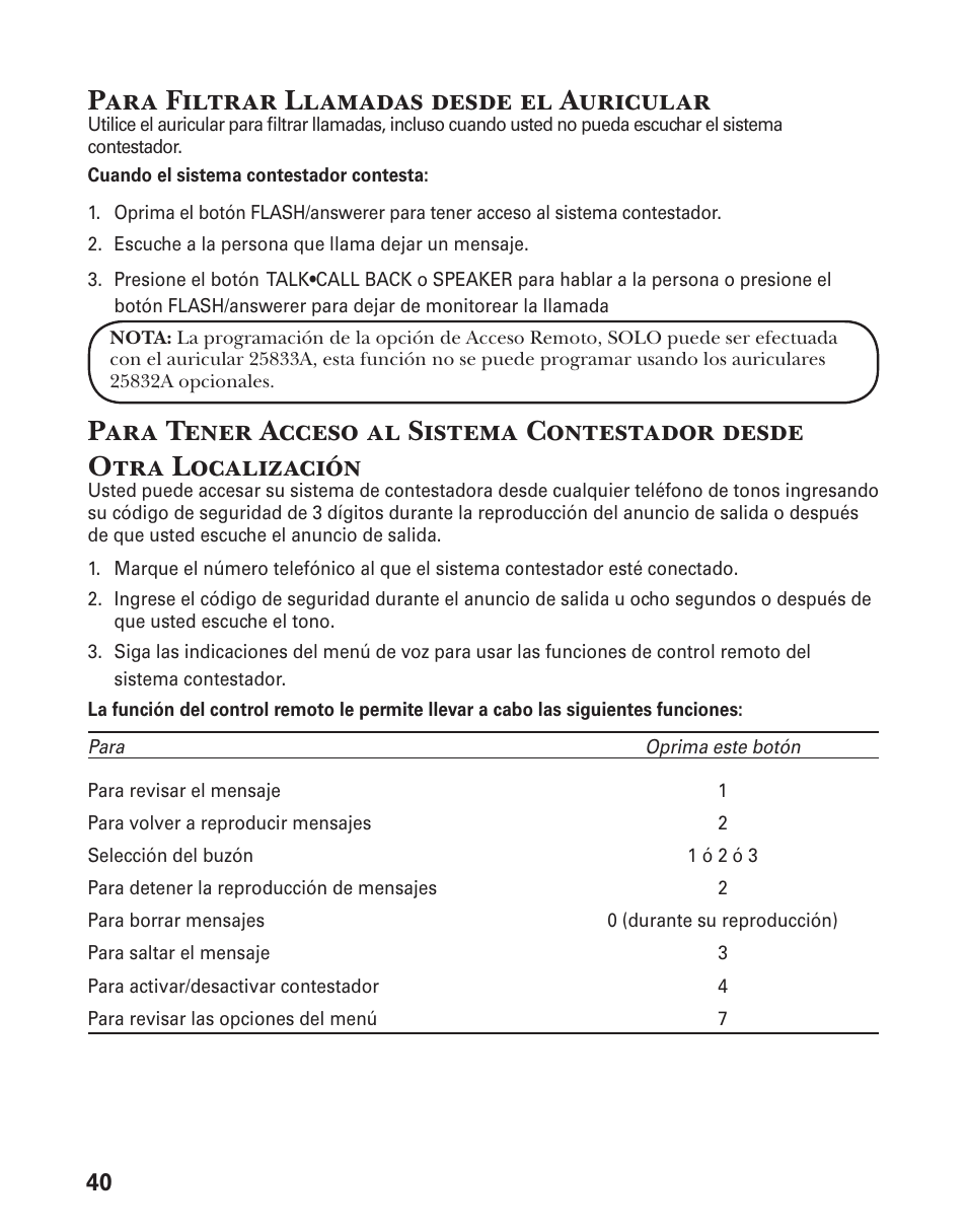 Para filtrar llamadas desde el auricular | GE 25833 User Manual | Page 92 / 104