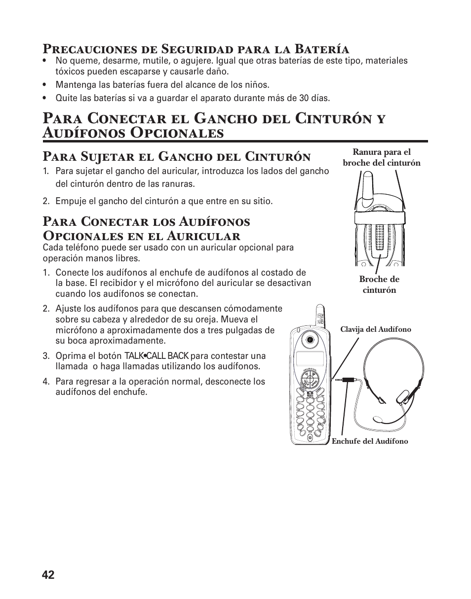 Precauciones de seguridad para la batería, Para sujetar el gancho del cinturón | GE 25833 User Manual | Page 94 / 104