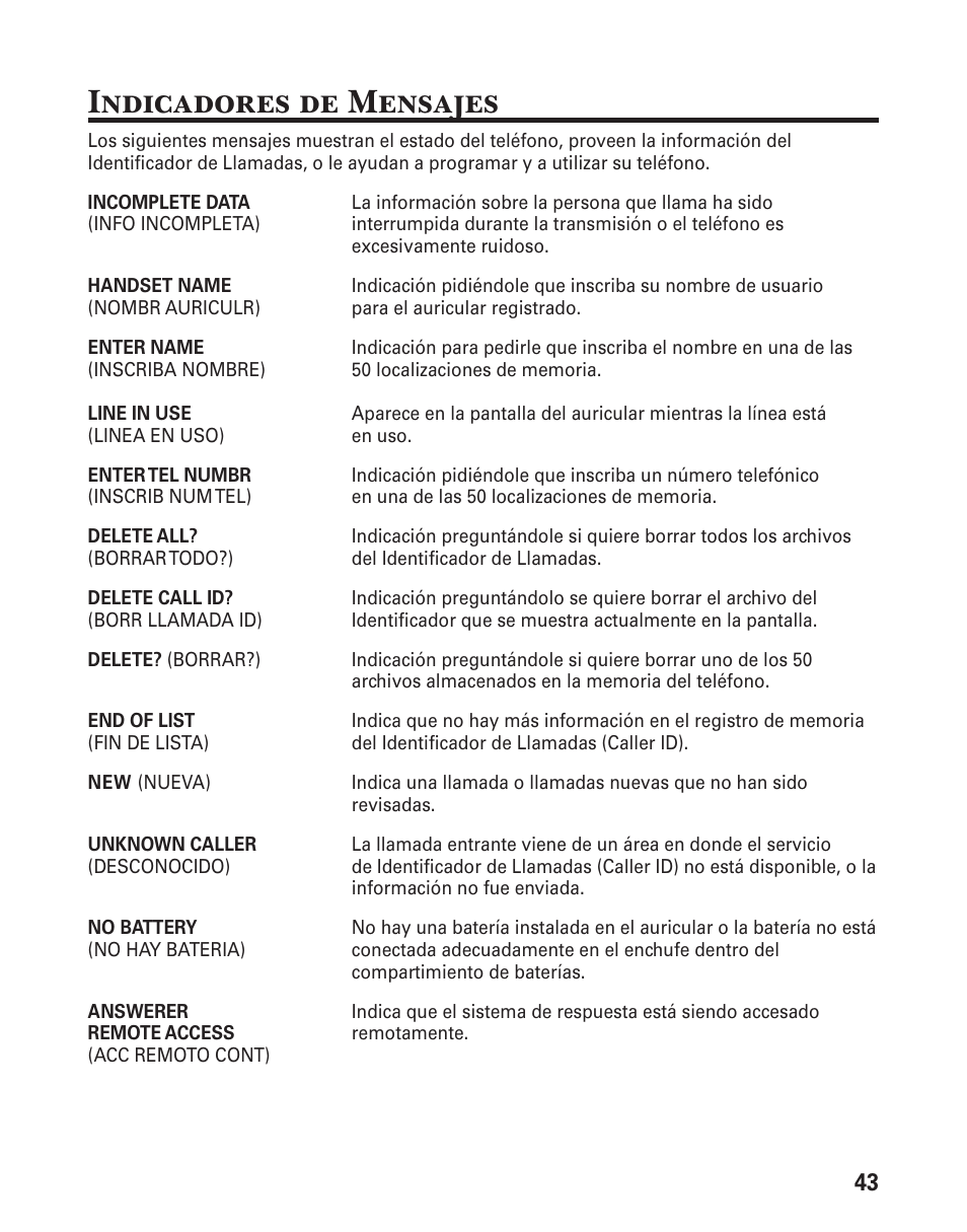 Indicadores de mensajes | GE 25833 User Manual | Page 95 / 104