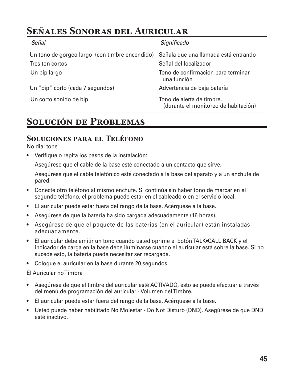 Señales sonoras del auricular, Solución de problemas, Soluciones para el teléfono | GE 25833 User Manual | Page 97 / 104