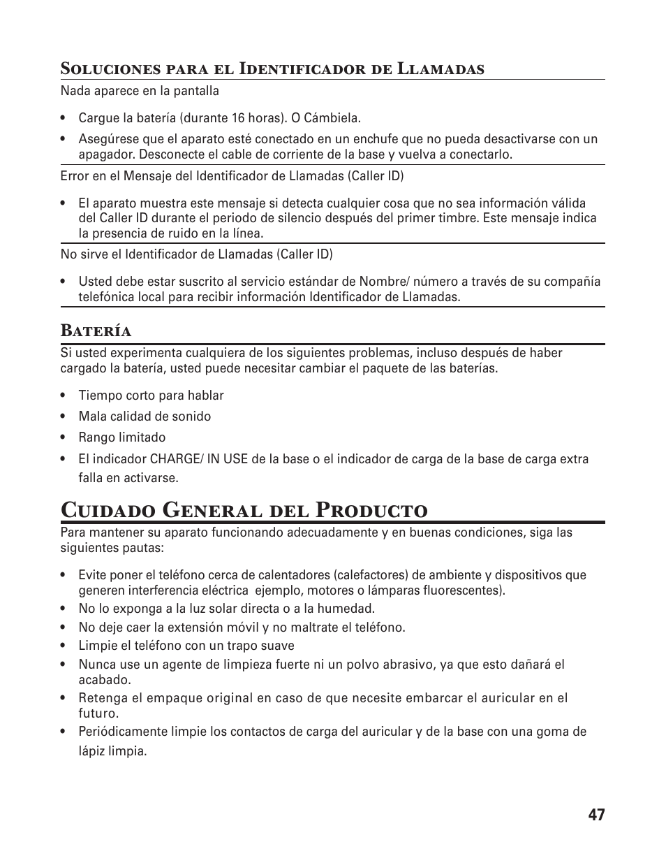 Cuidado general del producto, Soluciones para el identificador de llamadas, Batería | GE 25833 User Manual | Page 99 / 104
