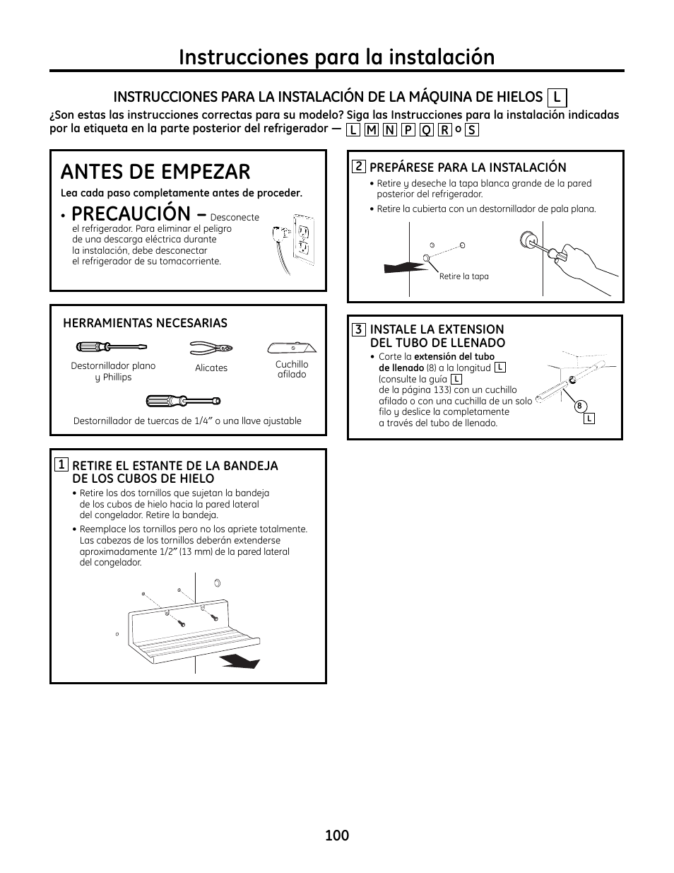 Máquina de hielos l, Máquina de hielos, Instrucciones para la instalación | Antes de empezar, Precaución | GE IM4A User Manual | Page 100 / 136