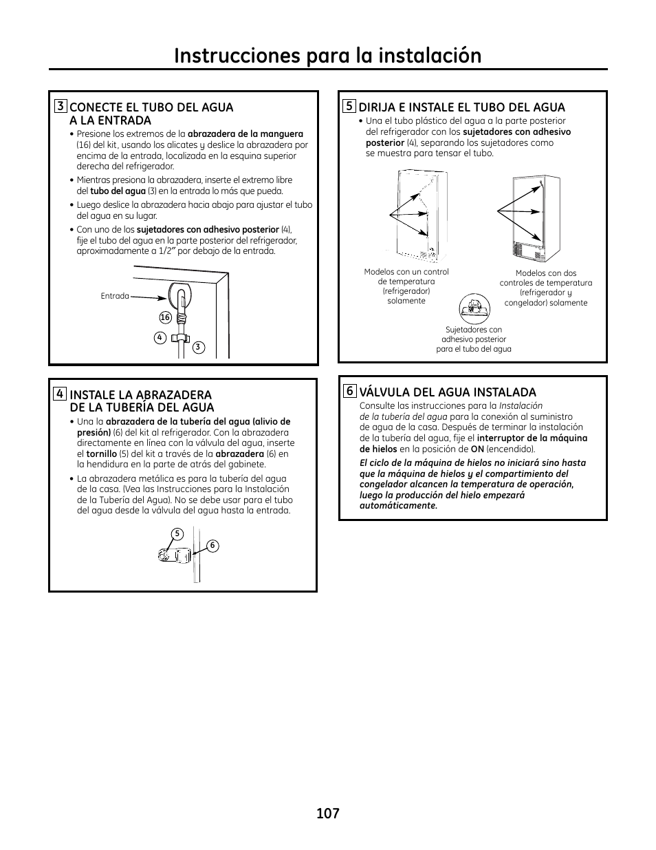 Instrucciones para la instalación, Dirija e instale el tubo del agua, 5válvula del agua instalada | Instale la abrazadera de la tubería del agua, Conecte el tubo del agua a la entrada | GE IM4A User Manual | Page 107 / 136