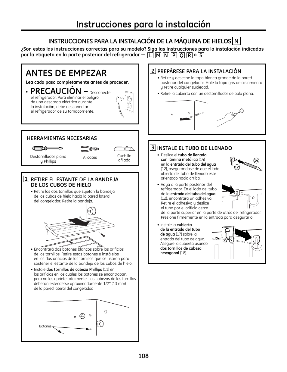 Máquina de hielos n, Máquina de hielos, Instrucciones para la instalación | Antes de empezar, Precaución | GE IM4A User Manual | Page 108 / 136