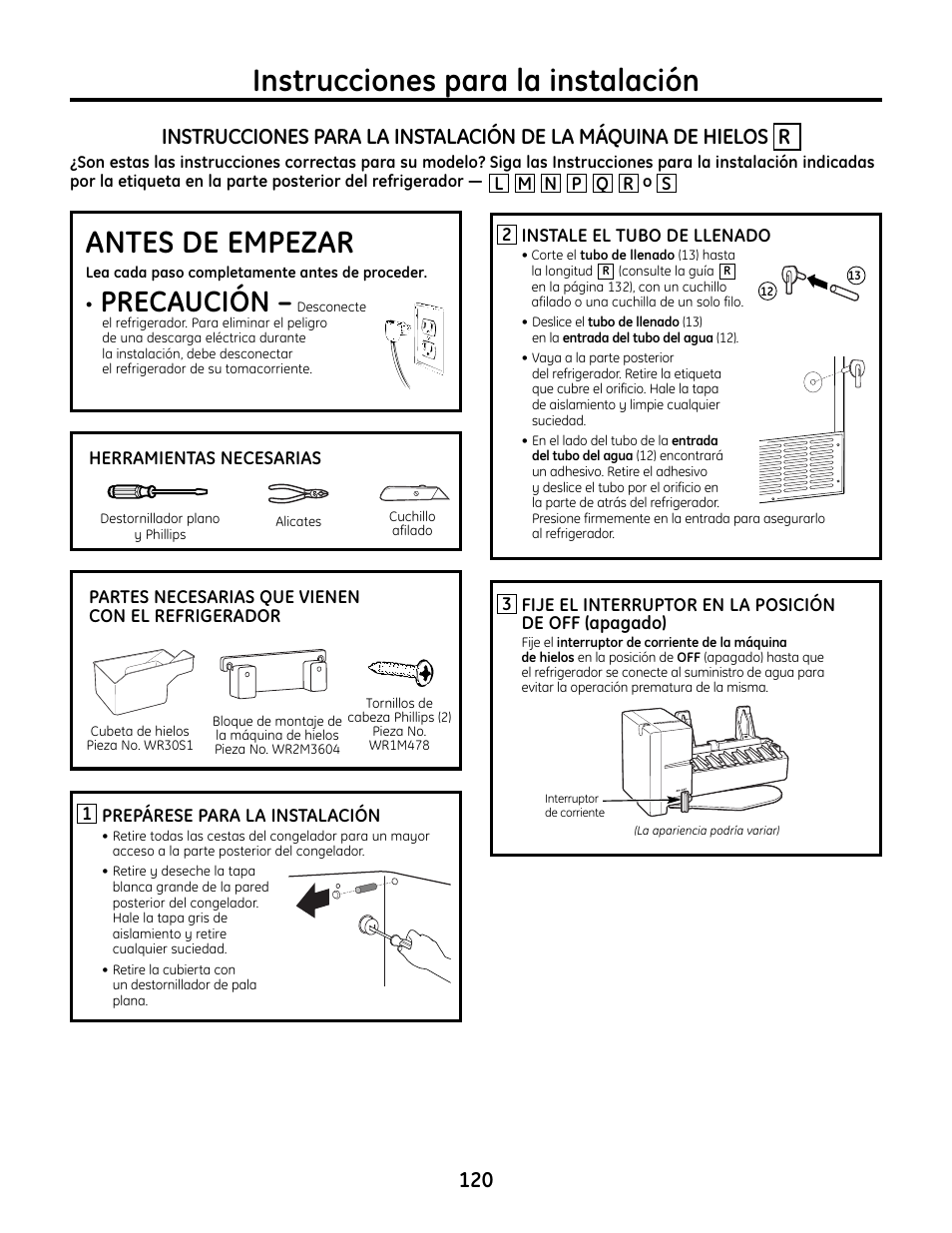 Máquina de hielos r, Máquina de hielos, Instrucciones para la instalación | Antes de empezar, Precaución | GE IM4A User Manual | Page 120 / 136