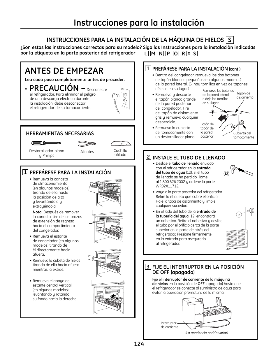 Máquina de hielos s, Máquina de hielos, Instrucciones para la instalación | Antes de empezar, Precaución | GE IM4A User Manual | Page 124 / 136