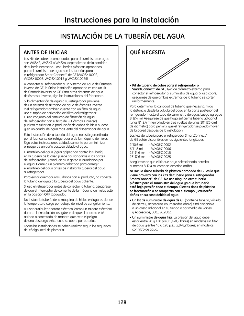 Tubería de agua fría, Tubería de agua fría –131, Instrucciones para la instalación | Instalación de la tubería del agua, Antes de iniciar qué necesita | GE IM4A User Manual | Page 128 / 136