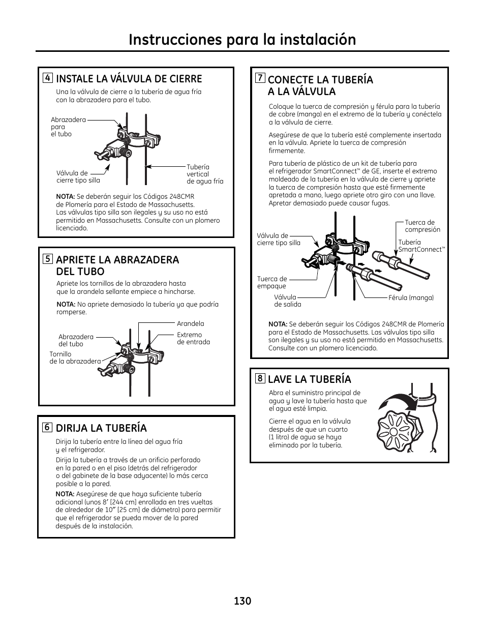 Instrucciones para la instalación, Conecte la tubería a la válvula, Lave la tubería | Instale la válvula de cierre, Apriete la abrazadera del tubo, Dirija la tubería | GE IM4A User Manual | Page 130 / 136