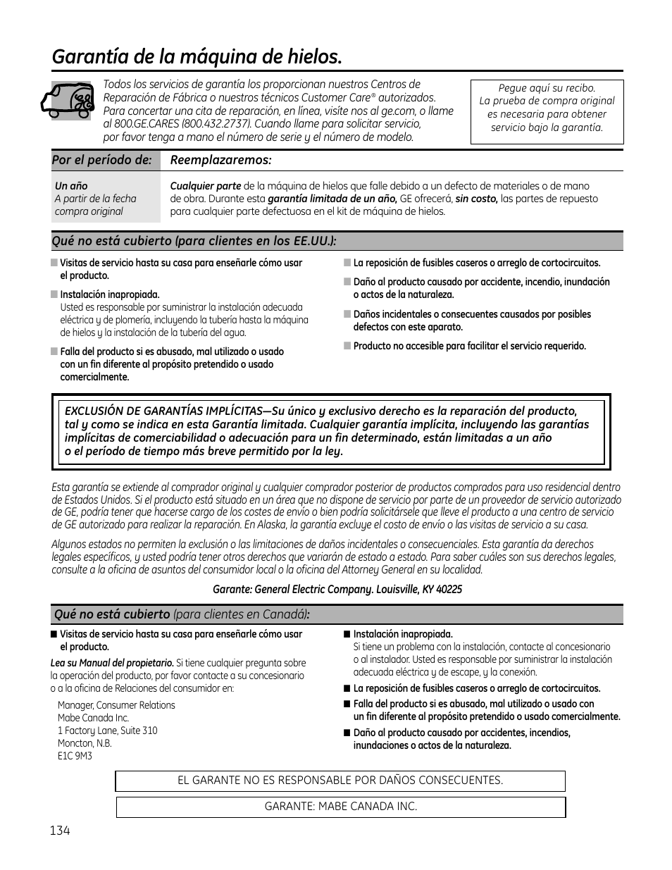 Garantía, Garantía de la máquina de hielos | GE IM4A User Manual | Page 134 / 136
