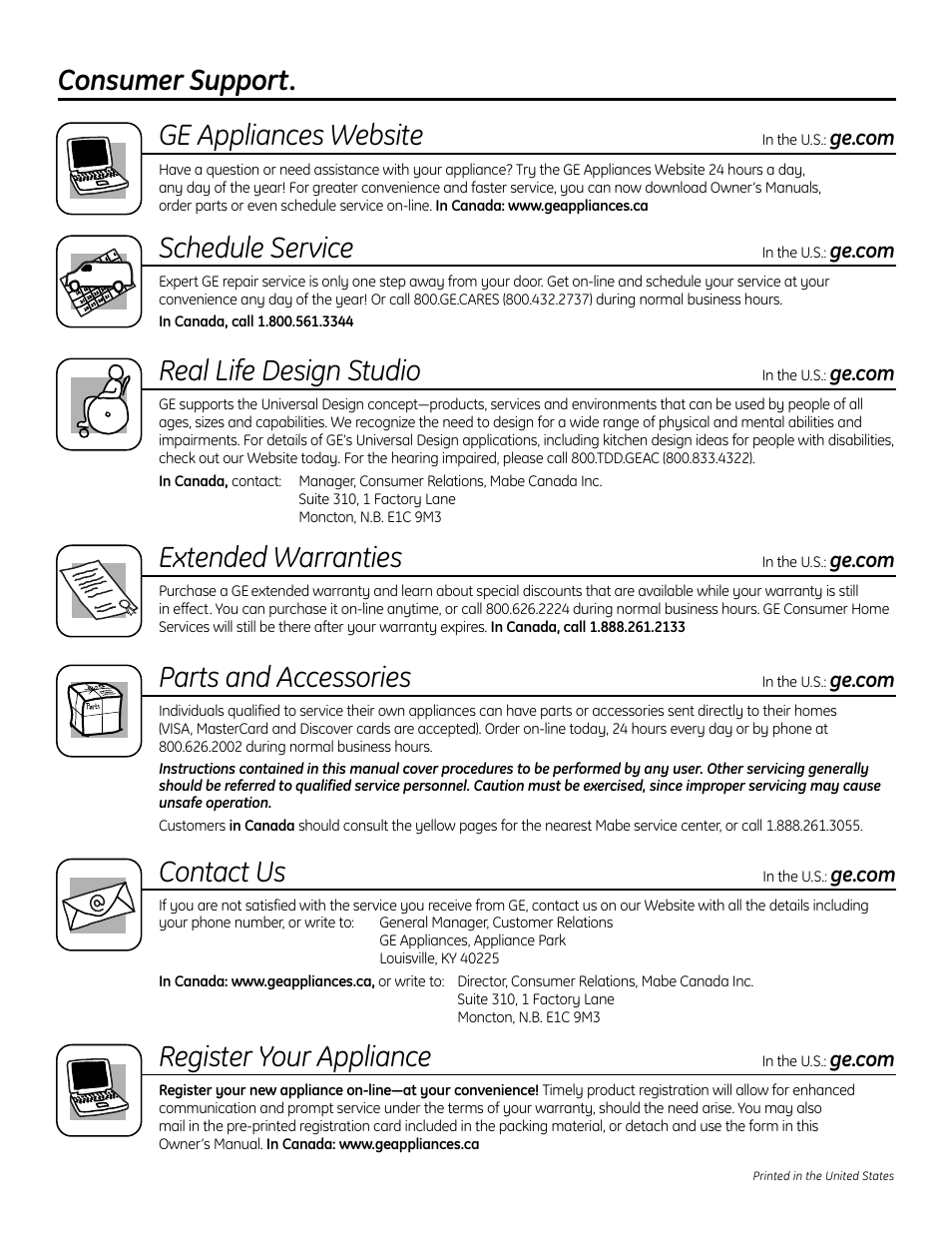 Consumer support, Consumer support . . . . back cover, Consumer support. ge appliances website | Schedule service, Real life design studio, Extended warranties, Parts and accessories, Contact us, Register your appliance | GE IM4A User Manual | Page 136 / 136