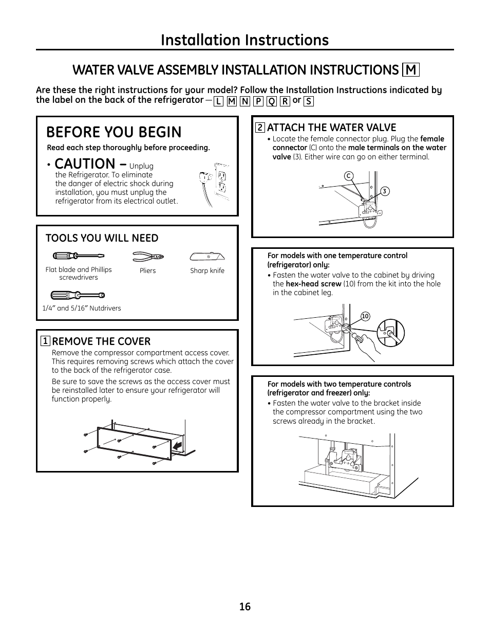 Installation instructions before you begin, Caution, Water valve assembly installation instructions m | Tools you will need, Attach the water valve, Remove the cover | GE IM4A User Manual | Page 16 / 136