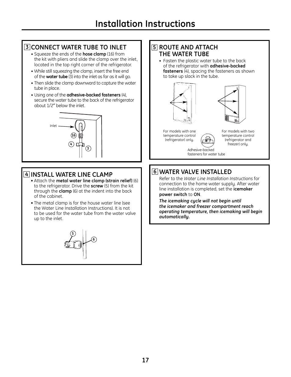 Installation instructions, Route and attach the water tube, Water valve installed | 17 install water line clamp, Connect water tube to inlet | GE IM4A User Manual | Page 17 / 136