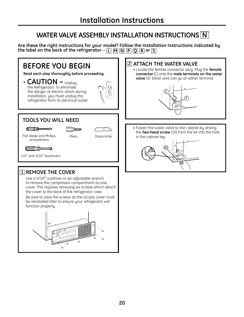 Installation instructions before you begin, Caution, Water valve assembly installation instructions n | Tools you will need, Attach the water valve, Remove the cover | GE IM4A User Manual | Page 20 / 136