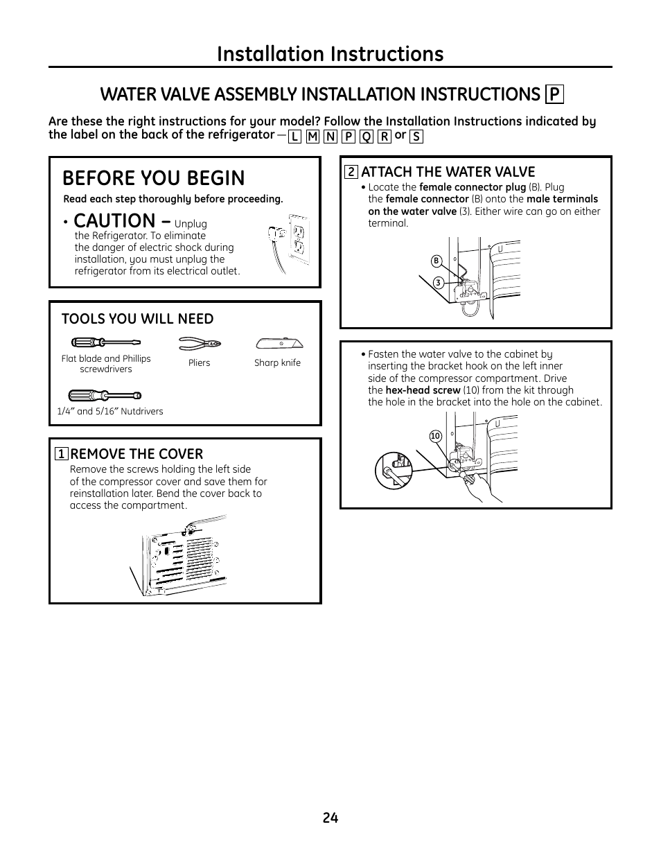 Installation instructions, Before you begin, Caution | Water valve assembly installation instructions p | GE IM4A User Manual | Page 24 / 136