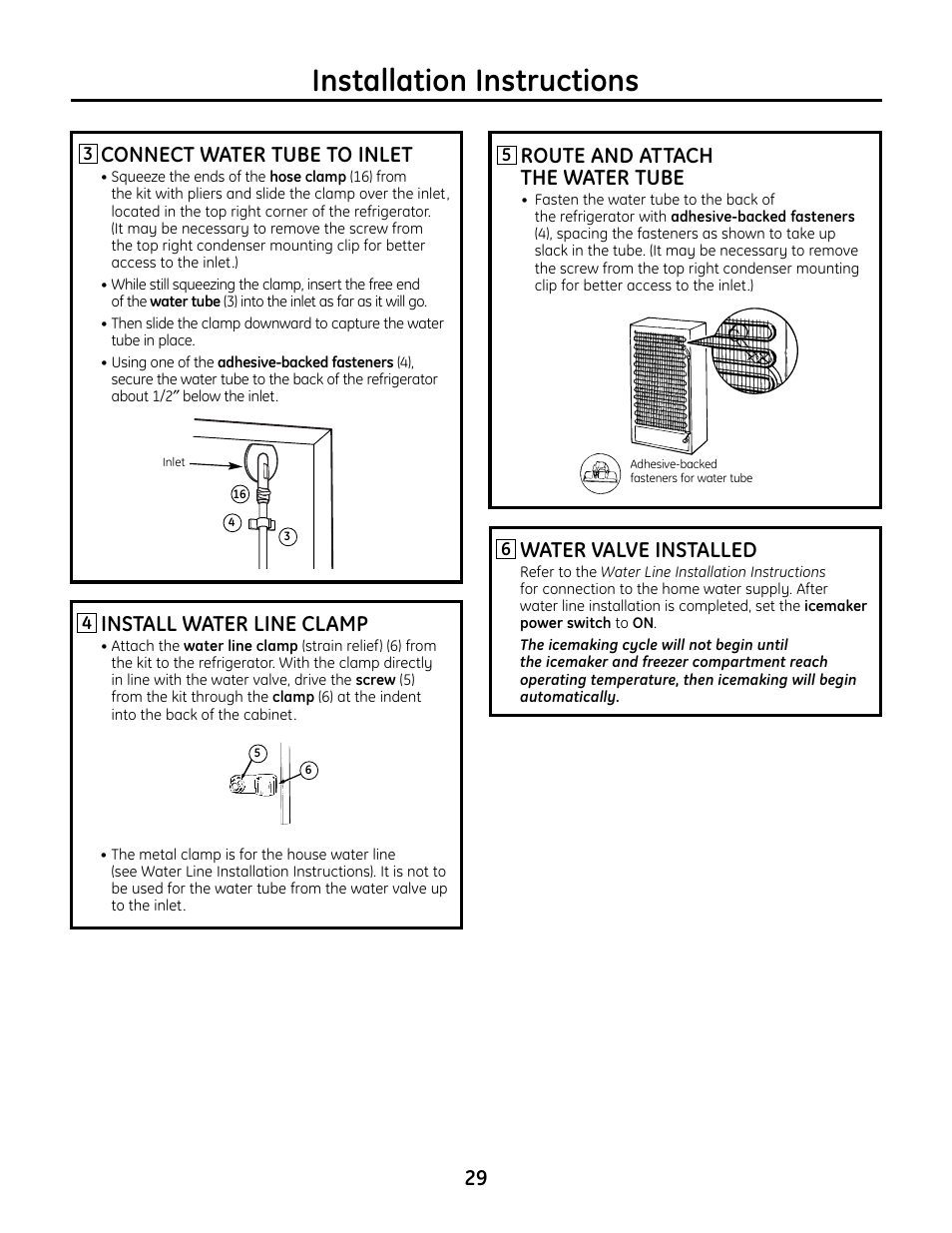 Installation instructions, Water valve installed, 29 route and attach the water tube | Install water line clamp, Connect water tube to inlet | GE IM4A User Manual | Page 29 / 136