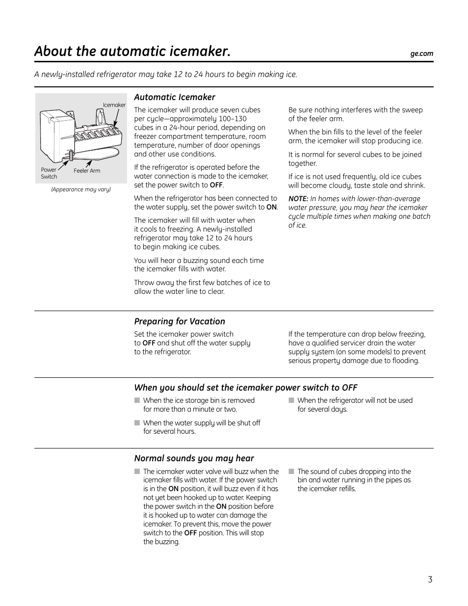 Operating instructions, Normal sounds you may hear, Preparing for vacation | About the automatic icemaker | GE IM4A User Manual | Page 3 / 136