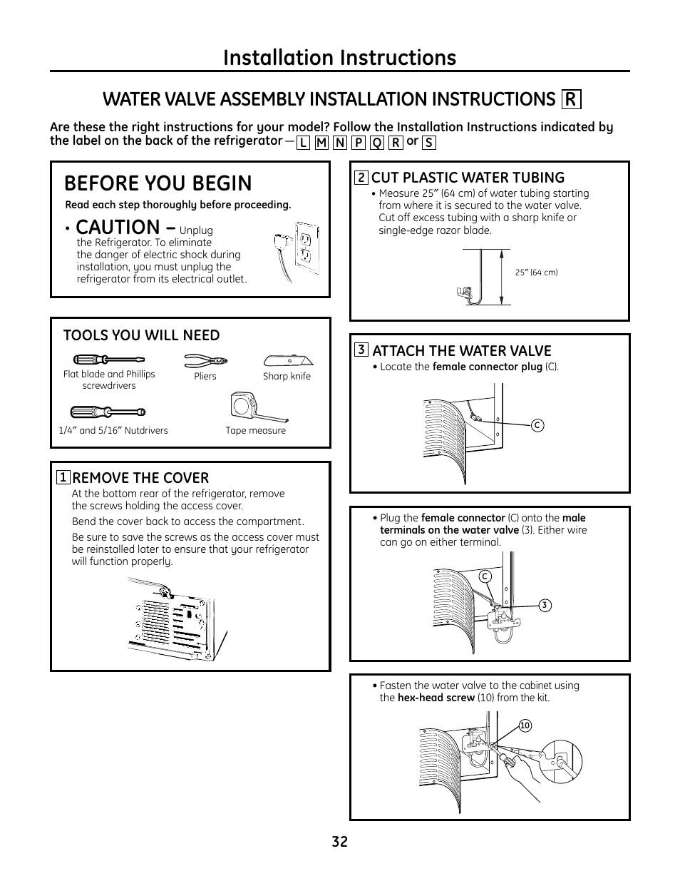 Installation instructions before you begin, Caution, Water valve assembly installation instructions r | Tools you will need, Remove the cover, Cut plastic water tubing, Attach the water valve | GE IM4A User Manual | Page 32 / 136