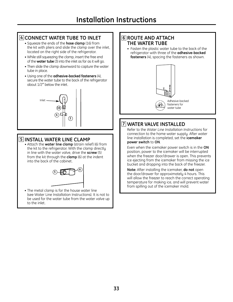 Installation instructions, Water valve installed, 33 route and attach the water tube | Install water line clamp, Connect water tube to inlet | GE IM4A User Manual | Page 33 / 136