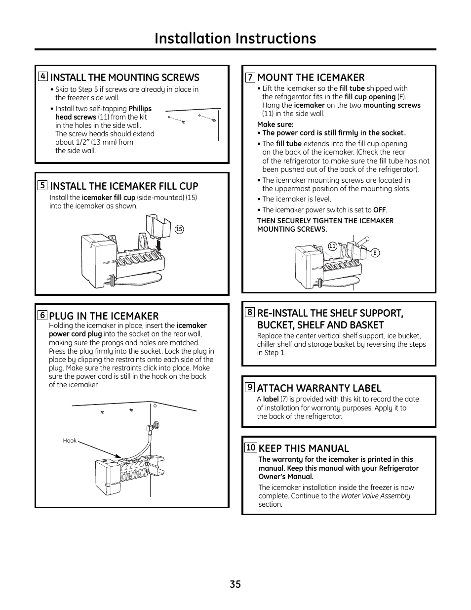 Installation instructions, Plug in the icemaker, Mount the icemaker | Attach warranty label, Keep this manual, Install the icemaker fill cup, Install the mounting screws | GE IM4A User Manual | Page 35 / 136