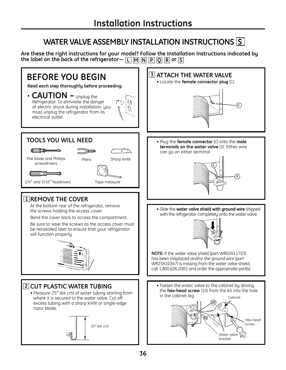 Installation instructions before you begin, Caution, Water valve assembly installation instructions s | Tools you will need, Remove the cover, Cut plastic water tubing, Attach the water valve | GE IM4A User Manual | Page 36 / 136