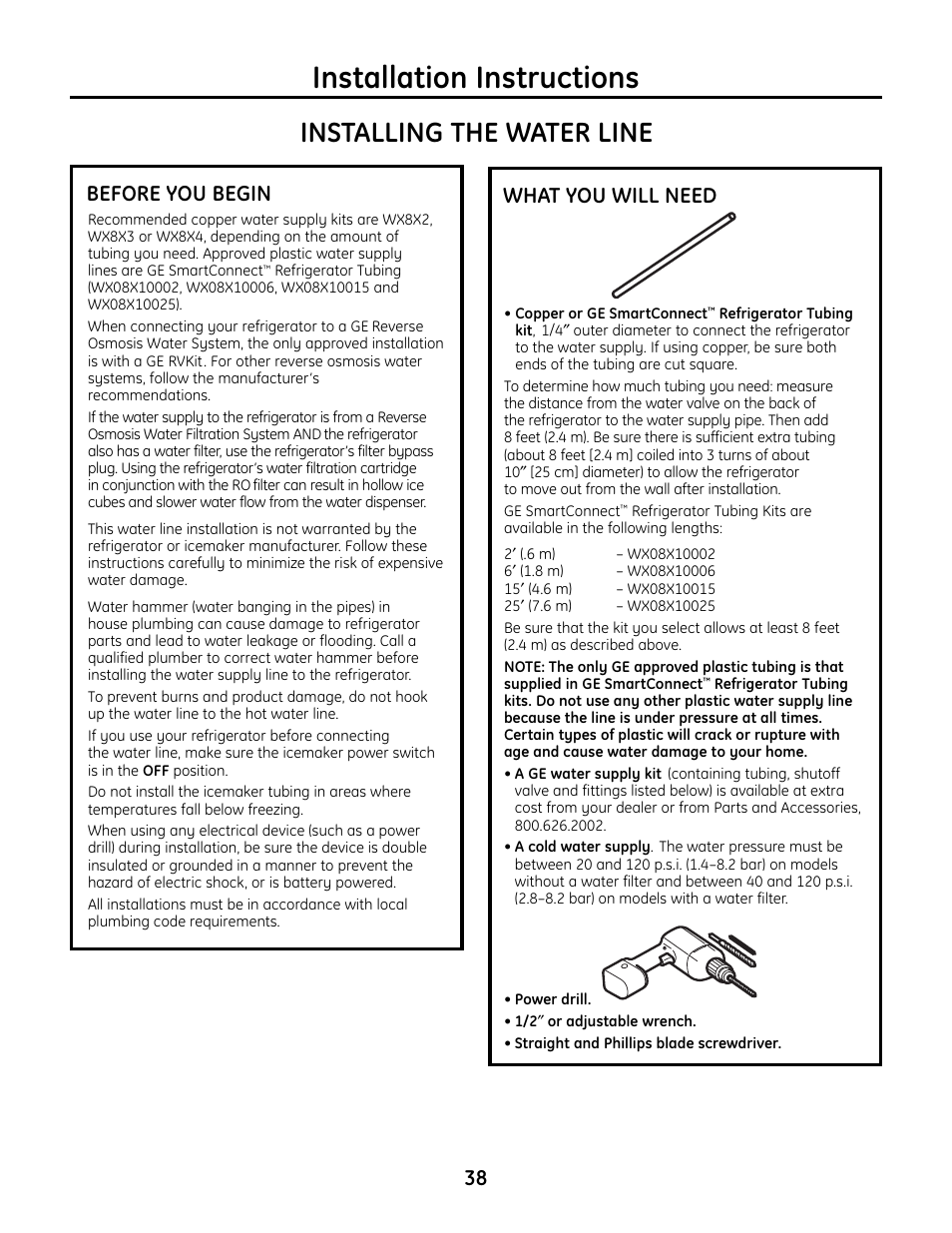 Cold water line, Cold water line –41, Installation instructions | Installing the water line, Before you begin, What you will need | GE IM4A User Manual | Page 38 / 136