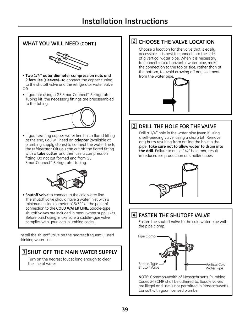 Installation instructions, Shut off the main water supply, Choose the valve location | Drill the hole for the valve, What you will need, Fasten the shutoff valve | GE IM4A User Manual | Page 39 / 136