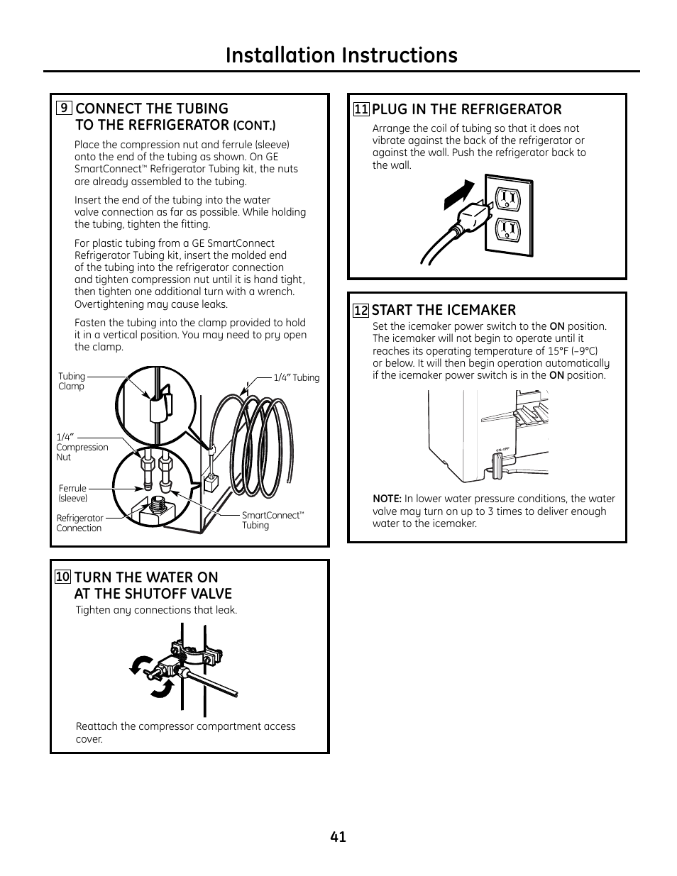 Installation instructions, Connect the tubing to the refrigerator, Turn the water on at the shutoff valve | Plug in the refrigerator, Start the icemaker | GE IM4A User Manual | Page 41 / 136