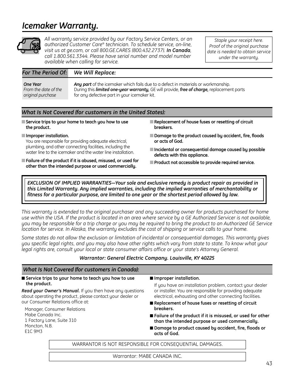 Warranty, Icemaker warranty | GE IM4A User Manual | Page 43 / 136