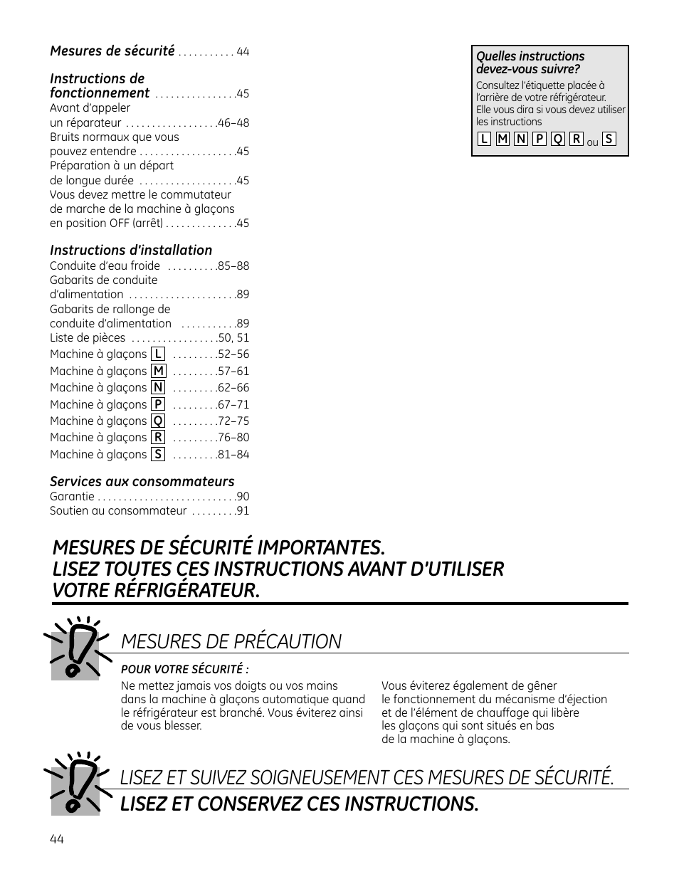 Français, Mesures de sécurité, Instructions d’installation | Services aux consommateurs | GE IM4A User Manual | Page 44 / 136