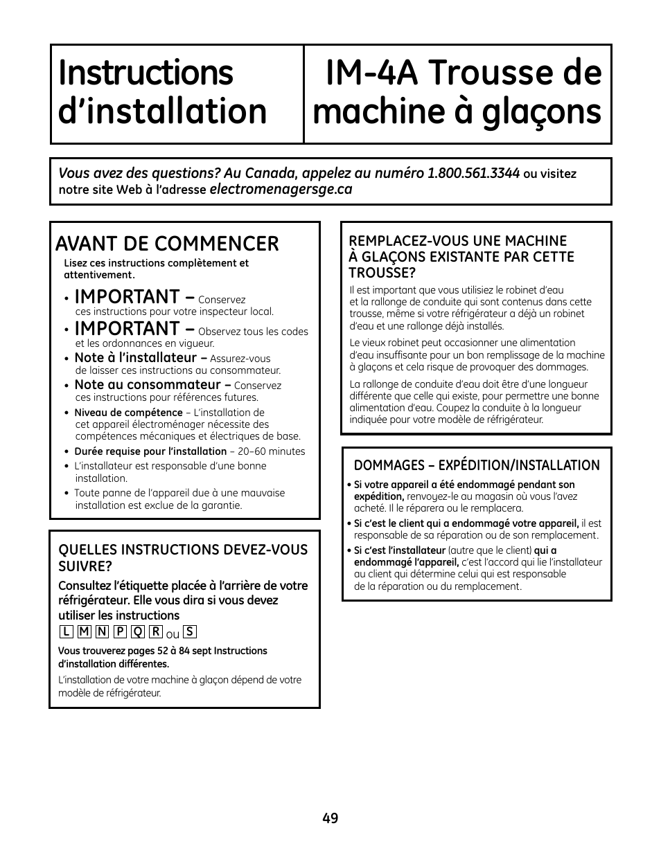 Avant de commencer, Important | GE IM4A User Manual | Page 49 / 136