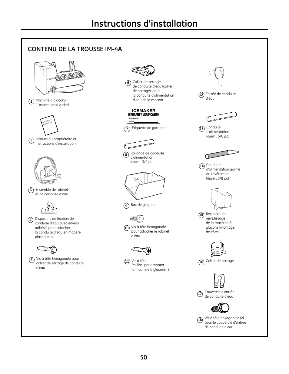 Liste de pièces, Liste de pièces , 51, Instructions d’installation | Contenu de la trousse im-4a | GE IM4A User Manual | Page 50 / 136