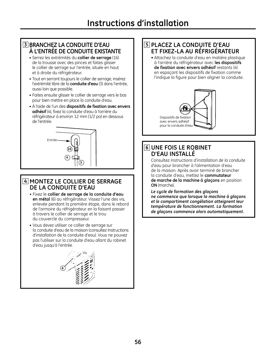 Instructions d’installation, Une fois le robinet d’eau installé, Montez le collier de serrage de la conduite d’eau | GE IM4A User Manual | Page 56 / 136