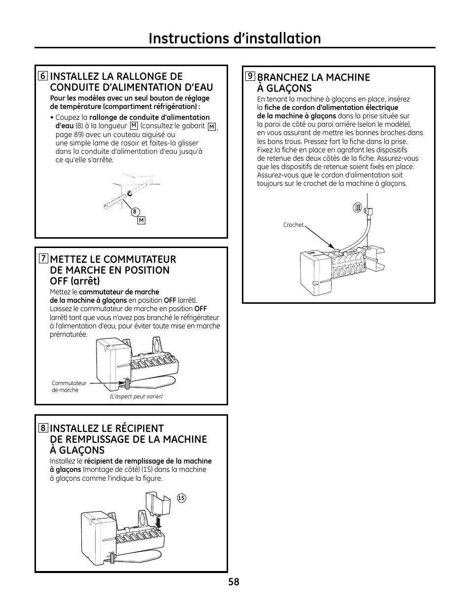 Instructions d’installation, Branchez la machine à glaçons | GE IM4A User Manual | Page 58 / 136