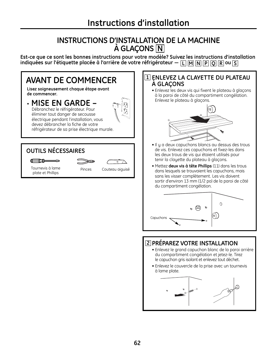 Machine à glaçons n, Machine à glaçons, Avant de commencer | Instructions d’installation, Mise en garde | GE IM4A User Manual | Page 62 / 136