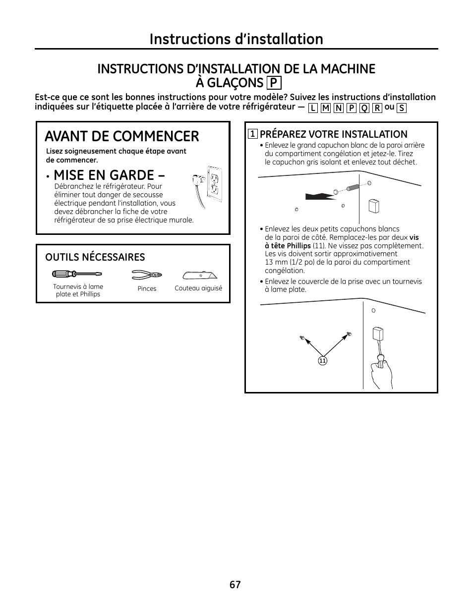 Machine à glaçons p, Machine à glaçons, Avant de commencer | Instructions d’installation, Mise en garde | GE IM4A User Manual | Page 67 / 136