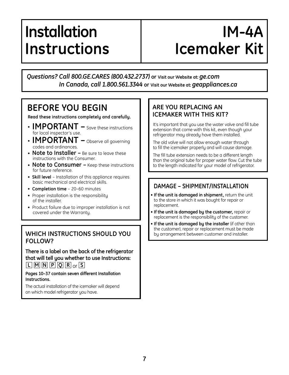 Installation im-4a instructions icemaker kit, Before you begin, Important | GE IM4A User Manual | Page 7 / 136