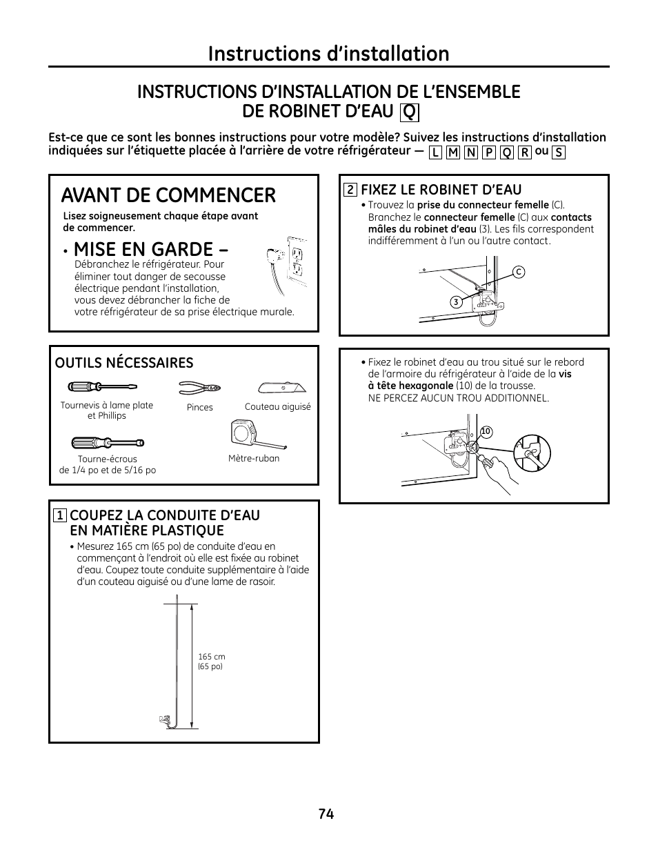 Instructions d’installation, Avant de commencer, Mise en garde | GE IM4A User Manual | Page 74 / 136