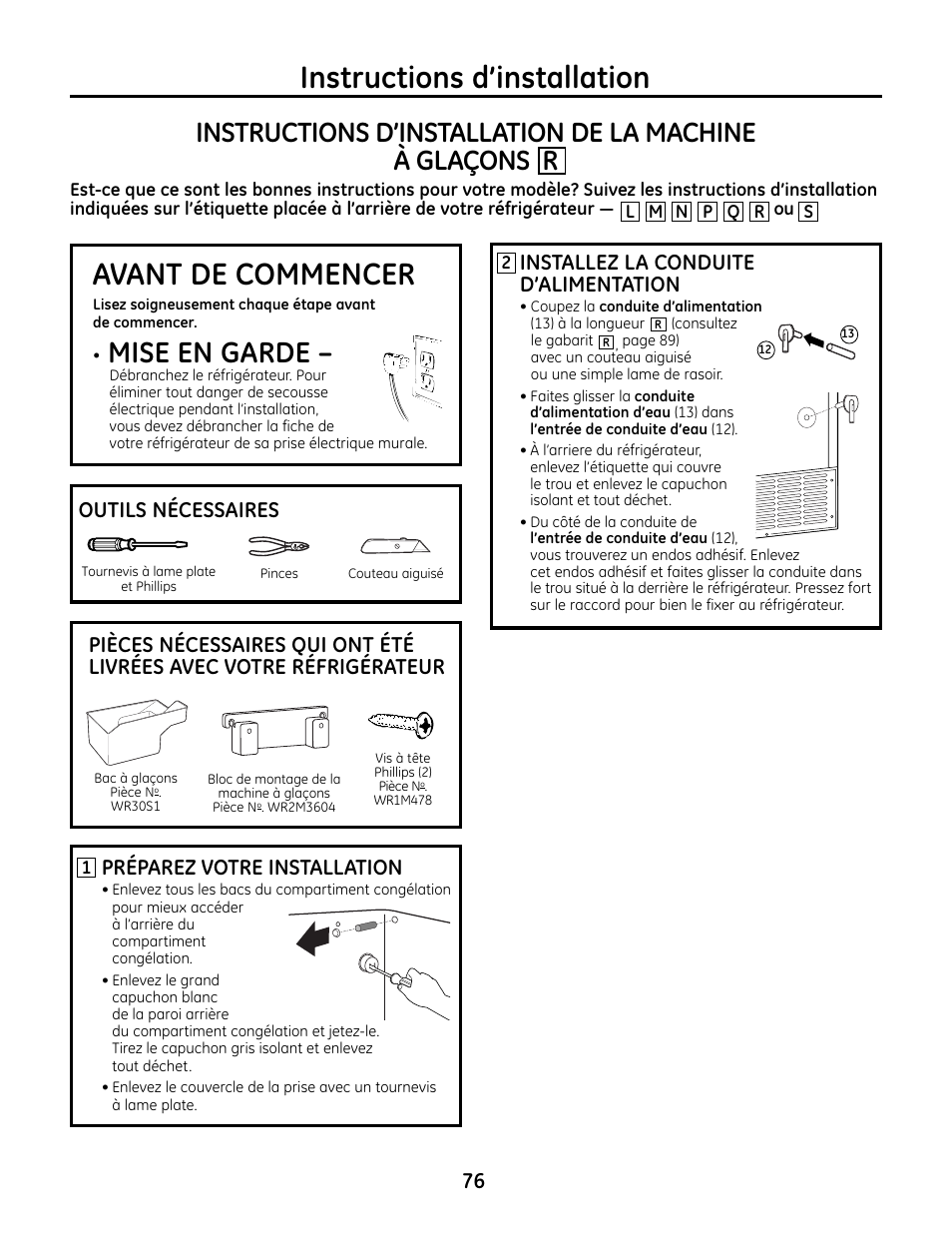 Machine à glaçons r, Machine à glaçons, Instructions d’installation | Avant de commencer, Mise en garde, Préparez votre installation, Outils nécessaires | GE IM4A User Manual | Page 76 / 136