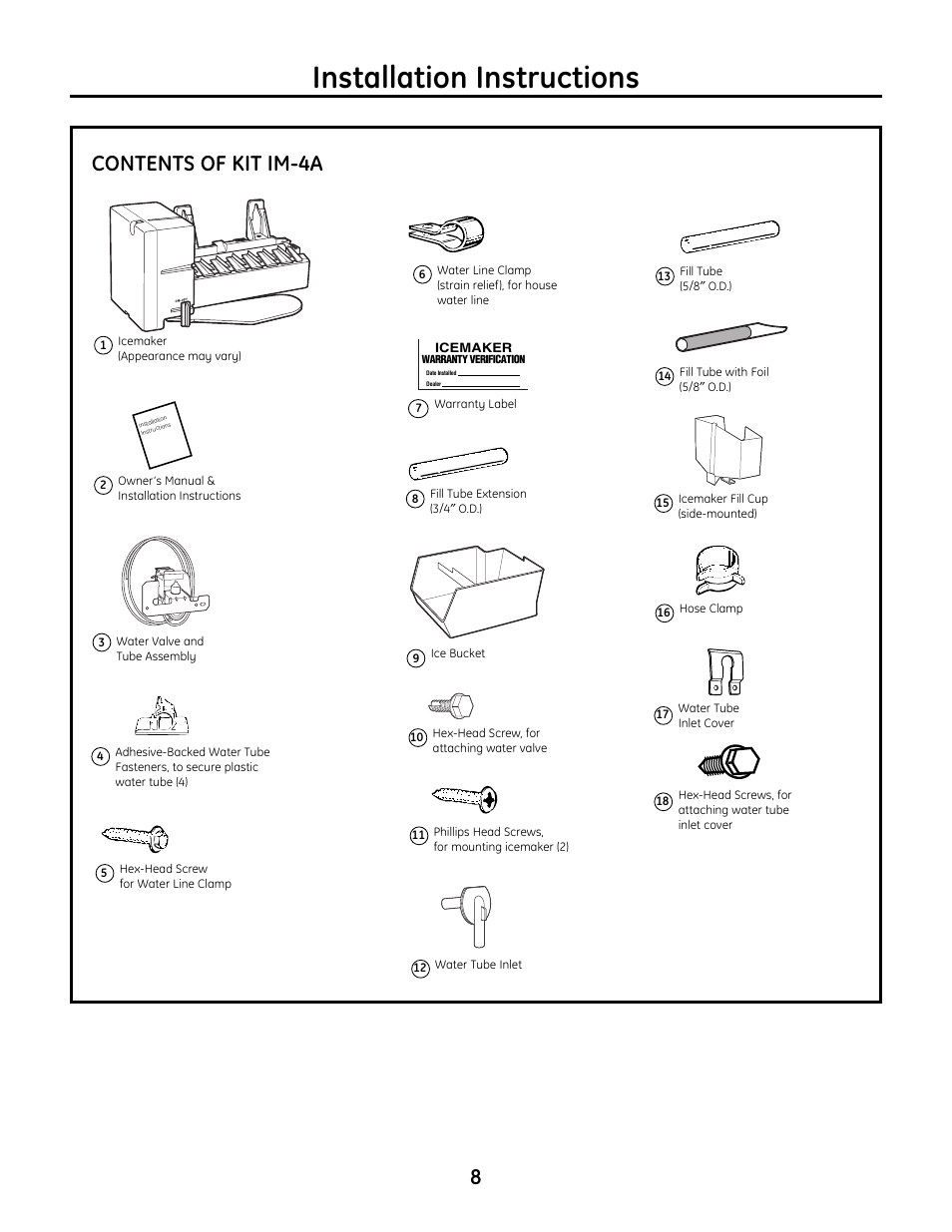 Parts list, Parts list , 9, Installation instructions | Contents of kit im-4a | GE IM4A User Manual | Page 8 / 136