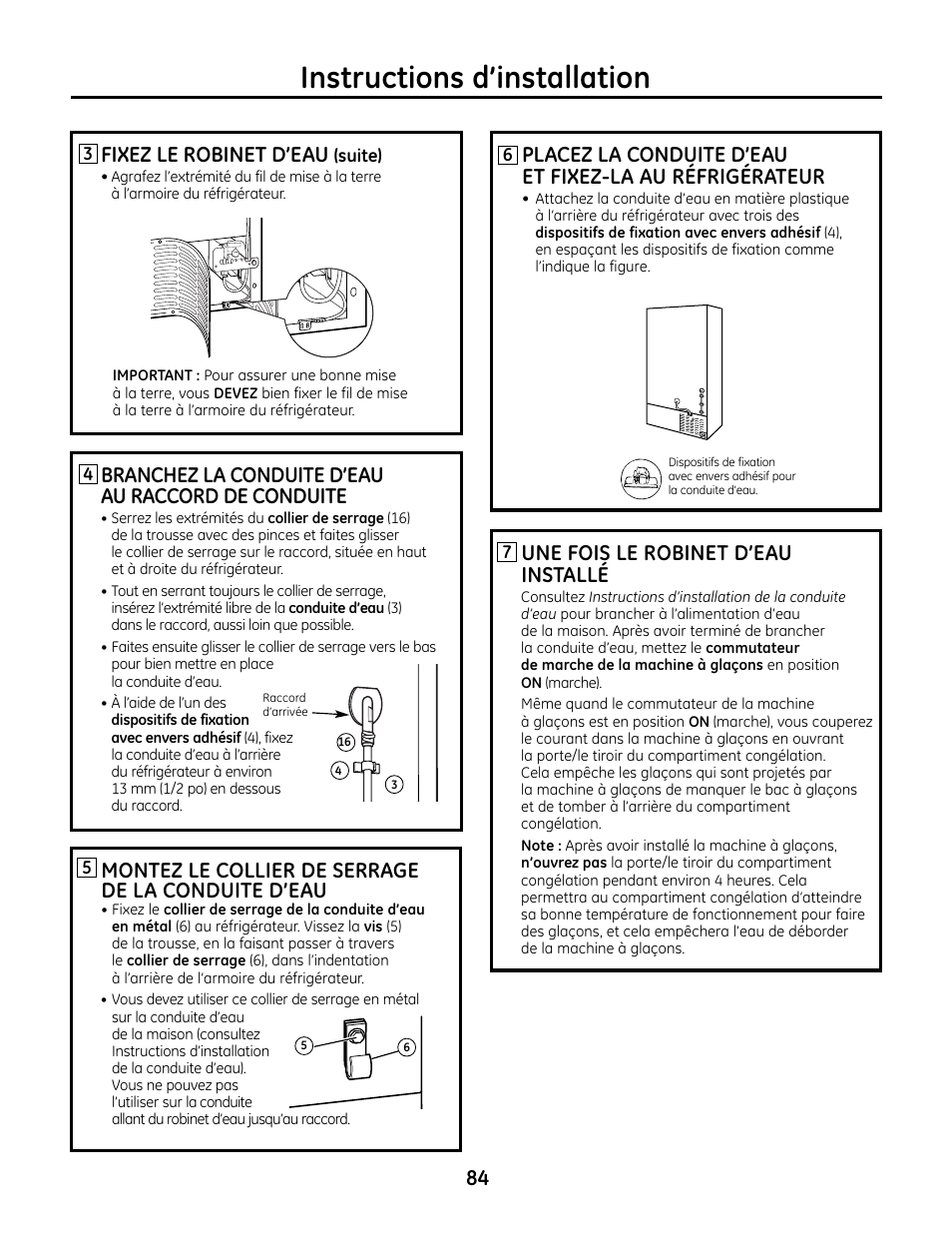 Instructions d’installation, Fixez le robinet d’eau, Montez le collier de serrage de la conduite d’eau | Une fois le robinet d’eau installé | GE IM4A User Manual | Page 84 / 136