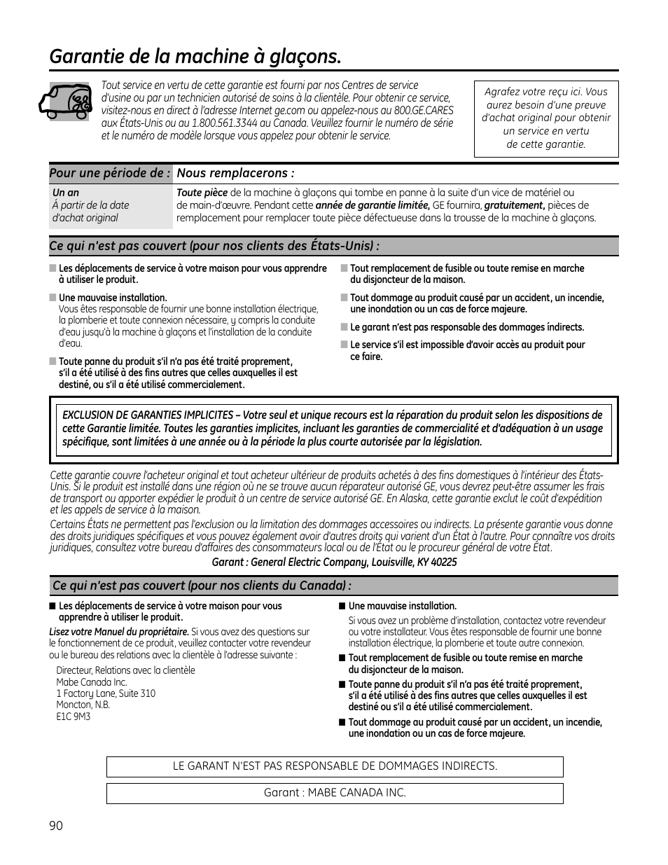 Garantie, Garantie de la machine à glaçons | GE IM4A User Manual | Page 90 / 136