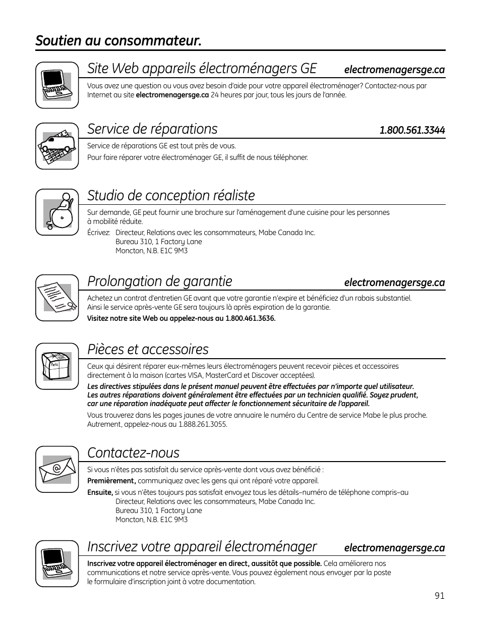 Soutien au consommateur, Service de réparations, Studio de conception réaliste | Prolongation de garantie, Pièces et accessoires, Contactez-nous, Inscrivez votre appareil électroménager | GE IM4A User Manual | Page 91 / 136
