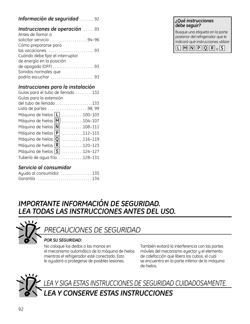 Español, Información de seguridad, Instrucciones para la instalación | Servicio al consumidor | GE IM4A User Manual | Page 92 / 136