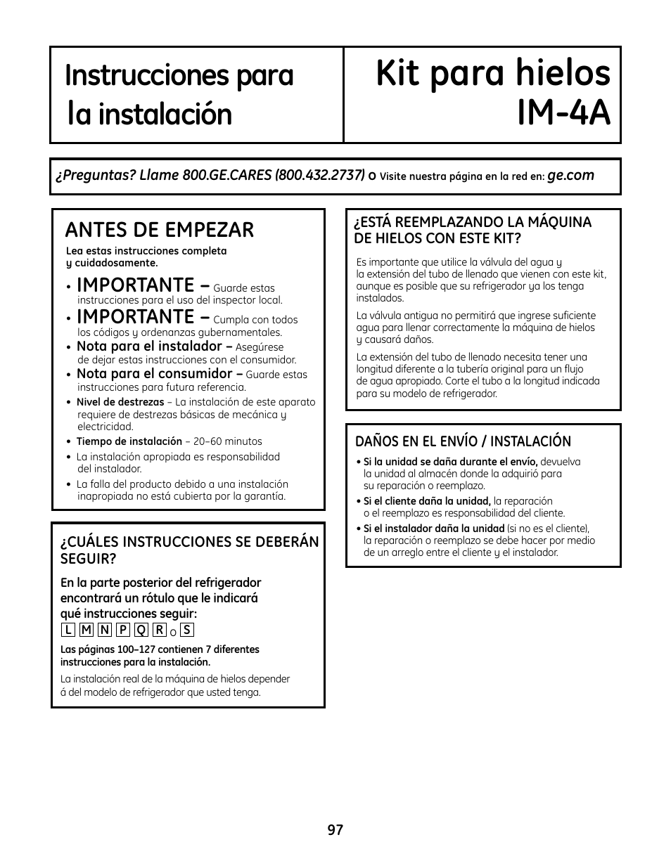Kit para hielos, Im-4a, Instrucciones para | A instalación, Antes de empezar, Importante | GE IM4A User Manual | Page 97 / 136
