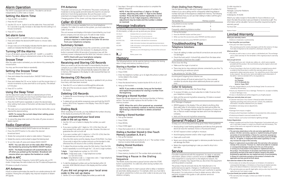Alarm operation, Radio operation, Caller id (cid) | Message indicators, Troubleshooting tips, General product care, Service, Limited warranty, Setting the alarm time, Set alarm tone | GE 29297 User Manual | Page 2 / 2