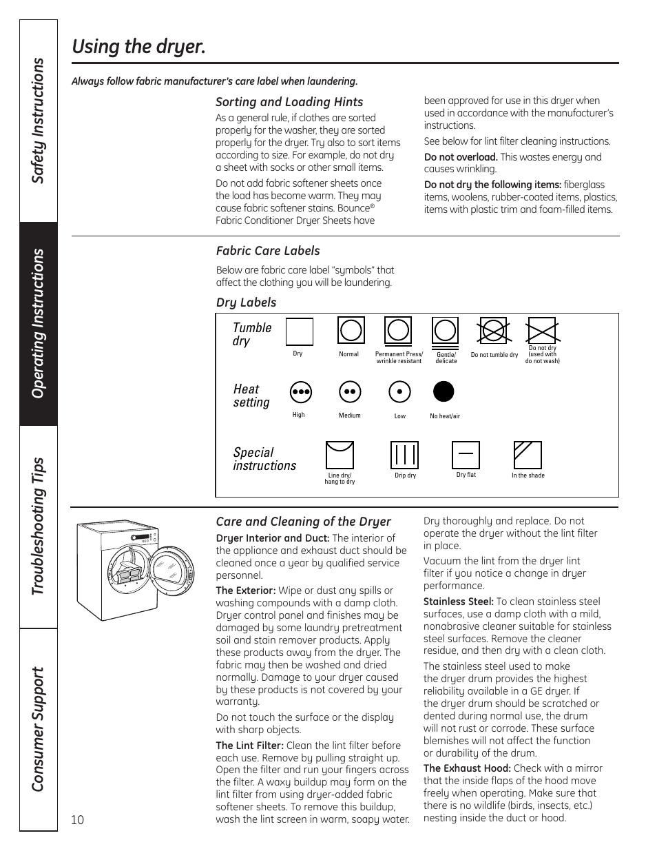 Using the dryer, Tumble dry, Heat setting | Special instructions | GE PCVH480EK User Manual | Page 10 / 108