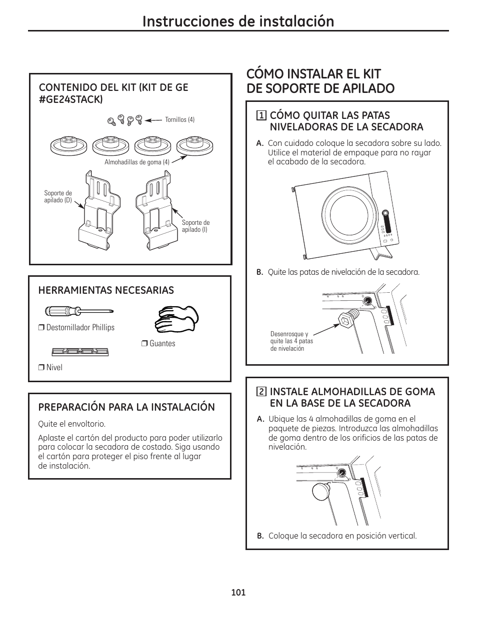 Instrucciones de instalación, Cómo instalar el kit de soporte de apilado | GE PCVH480EK User Manual | Page 101 / 108