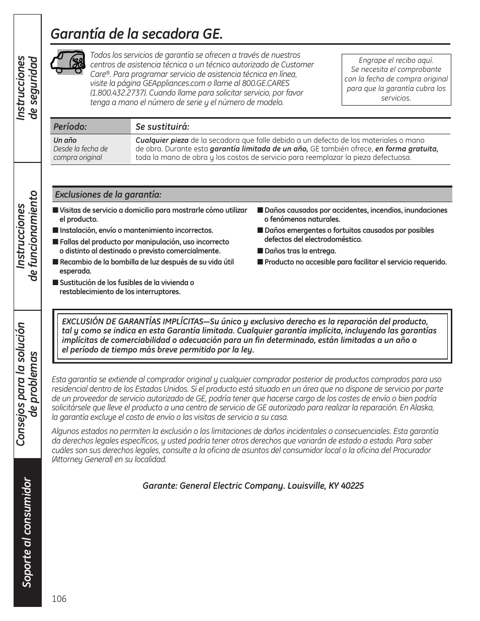 Garantía de la secadora ge | GE PCVH480EK User Manual | Page 106 / 108